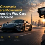Cinematic automotive photography showing a luxury sports car being filmed during sunset in Dubai
