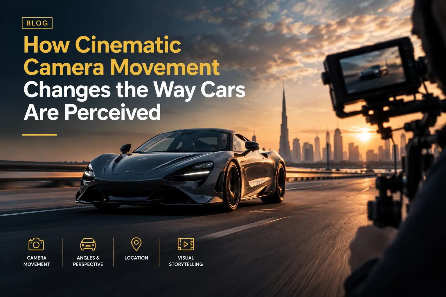 Cinematic automotive photography showing a luxury sports car being filmed during sunset in Dubai
